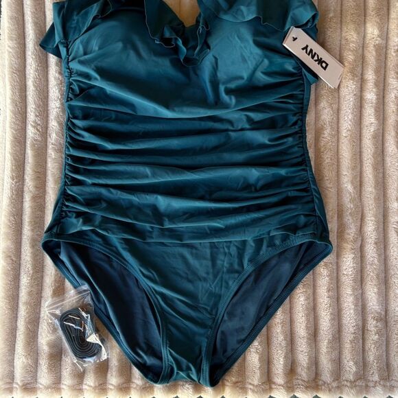 DKNY Ruffle Bandeau One-Piece Swimsuit Teal Blue Green Size L NWT - Picture 3 of 6